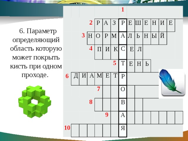 2 3 6 4 1 10 5 7 8   9   Р А С Т Р О В А Я Р А З Е Ш Е Н И Е 6. Параметр определяющий область которую может покрыть кисть при одном проходе. Н О Р М Л Ь Н Ы Й П И К Е Л Е Н Ь Д И А М Е Т 