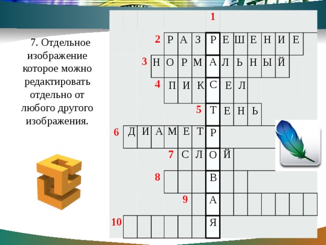 2 3 6 4 1 10 5 7 8   9   7. Отдельное изображение которое можно редактировать отдельно от любого другого изображения. Р А С Т Р О В А Я Р А З Е Ш Е Н И Е Н О Р М Л Ь Н Ы Й П И К Е Л Е Н Ь Д И А М Е Т С Л Й 