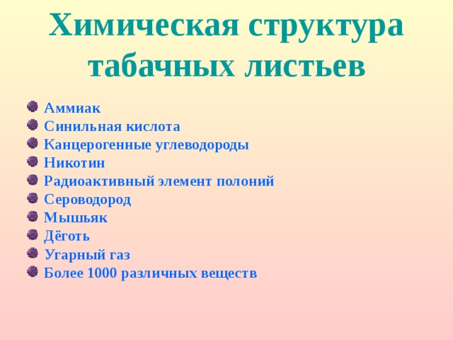 Химическая структура табачных листьев Аммиак Синильная кислота Канцерогенные углеводороды Никотин Радиоактивный элемент полоний Сероводород Мышьяк Дёготь Угарный газ Более 1000 различных веществ 