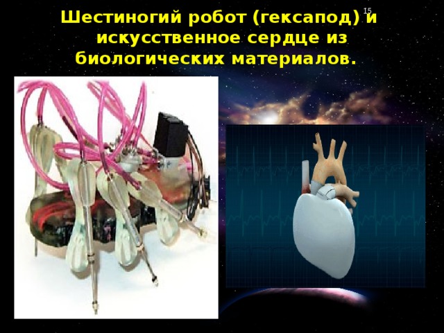 Шестиногий робот (гексапод) и искусственное сердце из биологических материалов.