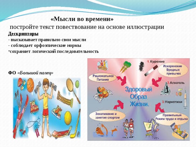 «Мысли во времени»  постройте текст повествование на основе иллюстрации Дескрипторы - высказывает правильно свои мысли - соблюдает орфоэпические нормы сохраняет логический последовательность  ФО  «Большой палец»  