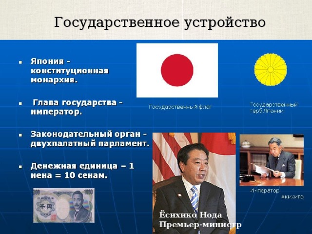 Государственное устройство Ёсихико Нода Премьер-министр 