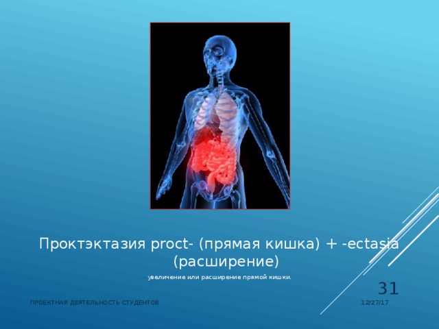 Проктэктазия proct- (прямая кишка) + -ectasia (расширение) увеличение или расширение прямой кишки.  12/27/17 ПРОЕКТНАЯ ДЕЯТЕЛЬНОСТЬ СТУДЕНТОВ 