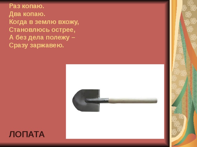Раз копаю.  Два копаю.  Когда в землю вхожу,  Становлюсь острее,  А без дела полежу –  Сразу заржавею. ЛОПАТА 