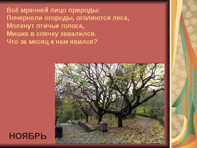 Всё мрачней лицо природы:  Почернели огороды, оголяются леса,  Молкнут птичьи голоса,  Мишка в спячку завалился.  Что за месяц к нам явился? НОЯБРЬ 