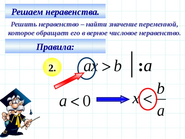 Решаем неравенства. Решить неравенство – найти значение переменной, которое обращает его в верное числовое неравенство. Правила: : а 2 . 
