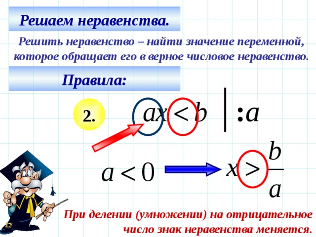 Решаем неравенства. Решить неравенство – найти значение переменной, которое обращает его в верное числовое неравенство. Правила: : а 2 . При делении (умножении) на отрицательное  число знак неравенства меняется. 