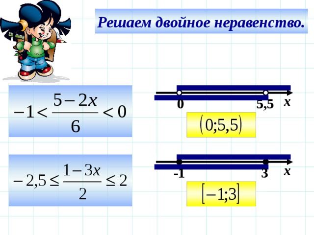 Решаем двойное неравенство.  х 5,5  0  Используем триггер, что позволяет учащимся определить последовательность решения примеров. Нажмите на голубой прямоугольник – появится соответствующий правильный ответ.  х  -1  3  