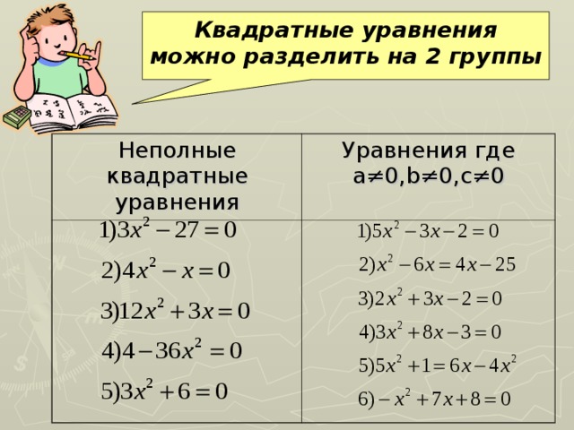 Квадратные уравнения можно разделить на 2 группы Неполные квадратные уравнения Уравнения где а ≠0,b≠0,c≠0 