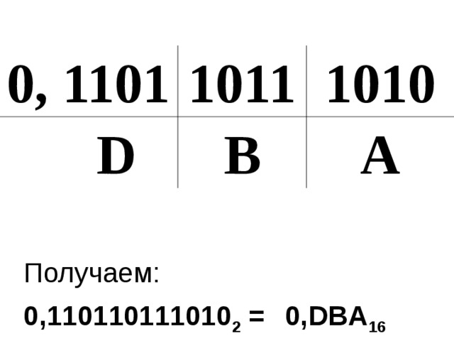 0, 1101 1011  D 1010 В А Получаем: 0,110110111010 2 =  0,DBA 16  