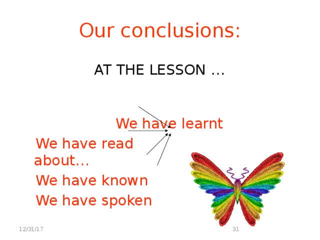 Our conclusions:  AT THE LESSON …   We have learnt  We have read about…  We have known  We have spoken 12/31/17 28 