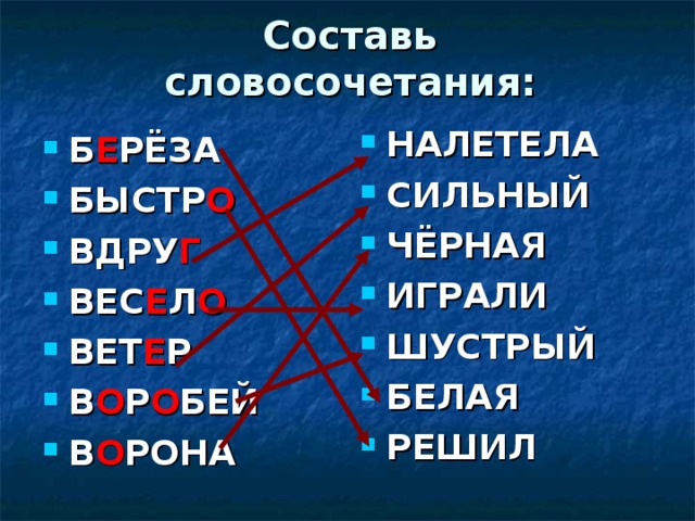 Составь словосочетания: НАЛЕТЕЛА СИЛЬНЫЙ ЧЁРНАЯ ИГРАЛИ ШУСТРЫЙ БЕЛАЯ РЕШИЛ  Б Е РЁЗА БЫСТР О ВДРУ Г ВЕС Е Л О ВЕТ Е Р В О Р О БЕЙ В О РОНА  
