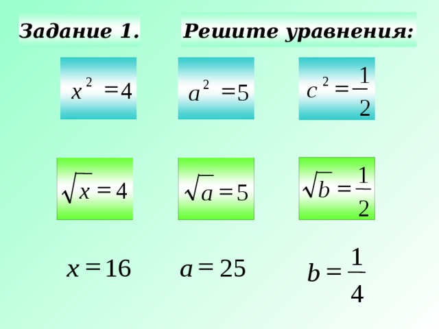 Решите уравнения: Задание 1. 1  2  2 с  2 х 4 а 5 2 1   b  х 4 а 5 2 Актуализация. Знаний. Используется триггер. 1   25 a 16 x  b 4 2 