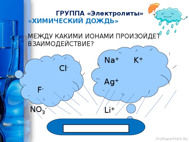 ГРУППА «Электролиты» «ХИМИЧЕСКИЙ ДОЖДЬ»   МЕЖДУ КАКИМИ ИОНАМИ ПРОИЗОЙДЕТ ВЗАИМОДЕЙСТВИЕ? Na +   K +  Ag + Li +  Cl -   F - NO 3 - 