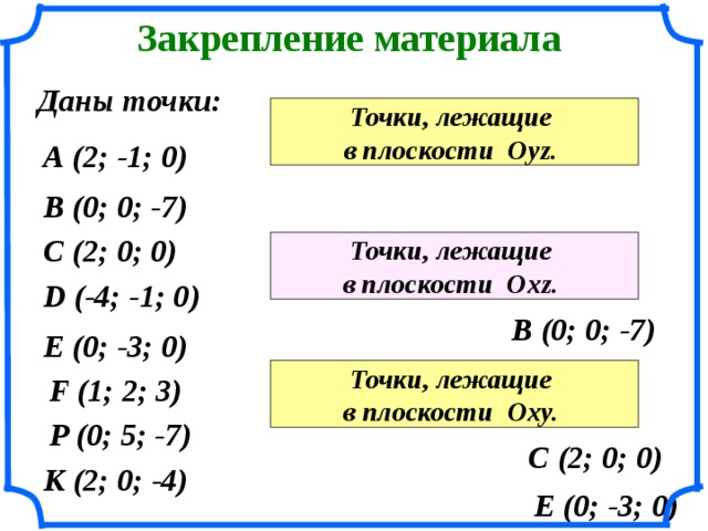 Закрепление материала Даны точки: Точки, лежащие в плоскости Оуz. А (2; -1; 0)  В (0; 0; -7) С (2; 0; 0) Точки, лежащие в плоскости Охz. D (-4; -1; 0) В (0; 0; -7) Е (0; -3; 0) Точки, лежащие в плоскости Оху. F (1; 2; 3) Р (0; 5; -7) С (2; 0; 0) К (2; 0; -4) Е (0; -3; 0) 