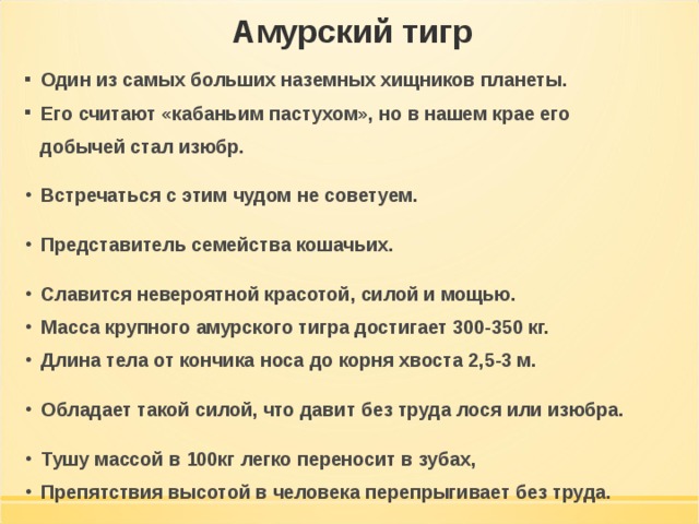 Амурский тигр Один из самых больших наземных хищников планеты. Его считают «кабаньим пастухом», но в нашем крае его  добычей стал изюбр.   Встречаться с этим чудом не советуем.   Представитель семейства кошачьих.   Славится невероятной красотой, силой и мощью. Масса крупного амурского тигра достигает 300-350 кг. Длина тела от кончика носа до корня хвоста 2,5-3 м.   Обладает такой силой, что давит без труда лося или изюбра.   Тушу массой в 100кг легко переносит в зубах, Препятствия высотой в человека перепрыгивает без труда.   