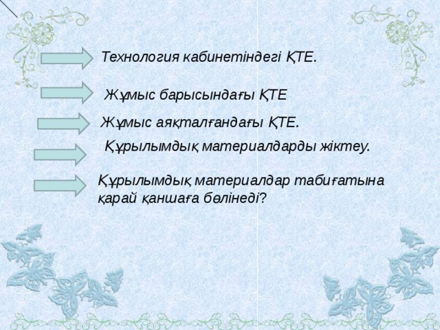  Технология кабинетіндегі ҚТЕ.   Жұмыс барысындағы ҚТЕ Жұмыс аяқталғандағы ҚТЕ.  Құрылымдық материалдарды жіктеу. Құрылымдық материалдар табиғатына қарай қаншаға бөлінеді ? 