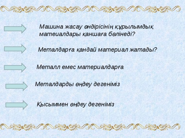 Машина жасау өндірісінің құрылымдық матеиалдары қаншаға бөлінеді? Металдарға қандай материал жатады? Металл емес материалдарға Металдарды өңдеу дегеніміз  Қысыммен өңдеу дегеніміз  