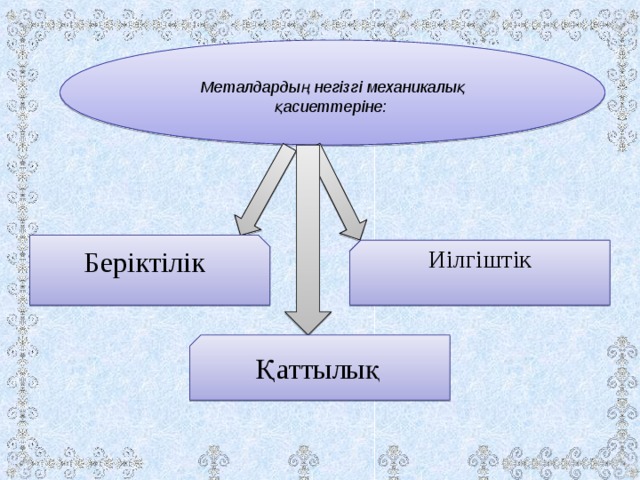 Металдардың негізгі механикалық қасиеттеріне:  Беріктілік  Иілгіштік Қаттылық  