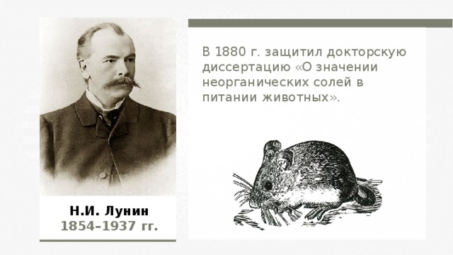 В 1880 г. защитил докторскую диссертацию «О значении неорганических солей в питании животных». Н.И. Лунин 1854–1937  гг.  