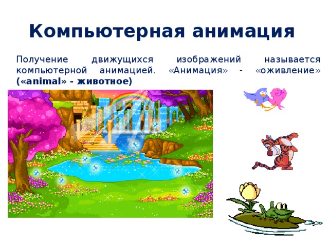 Компьютерная анимация Получение движущихся изображений называется компьютерной анимацией. «Анимация» - «оживление» («animal» - животное) 