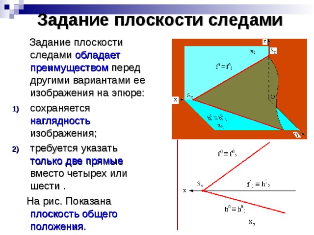 Задание плоскости следами  Задание плоскости следами обладает преимуществом перед другими вариантами ее изображения на эпюре: сохраняется наглядность изображения; требуется указать только две прямые вместо четырех или шести .  На рис. Показана плоскость общего положения. 