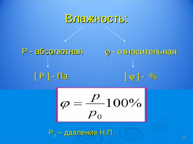 Влажность: Р - абсолютная [ Р ] - Па    - относительная [  ] - % Р 0 – давление Н.П.  