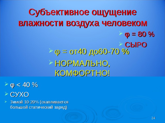 Субъективное ощущение влажности воздуха человеком φ = 8 0 % СЫРО  φ = от40 до6 0-70 % НОРМАЛЬНО, КОМФОРТНО! φ  СУХО Зимой 10-20% (скапливается большой статический заряд)  