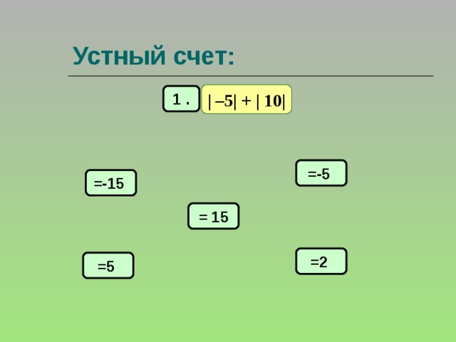 Устный счет: | –5| + | 10| 1 . =-5 =-15 = 15 =2 =5 