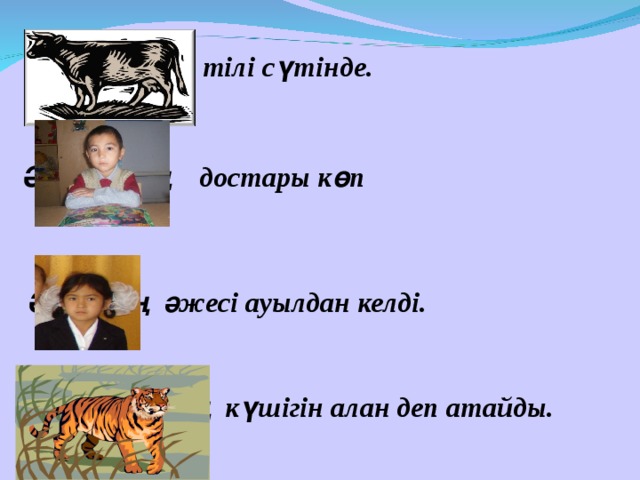 Сиырдың тілі сүтінде. Әділбектің достары көп Әлияның әжесі ауылдан келді. Жолбарыстың күшігін алан деп атайды.  
