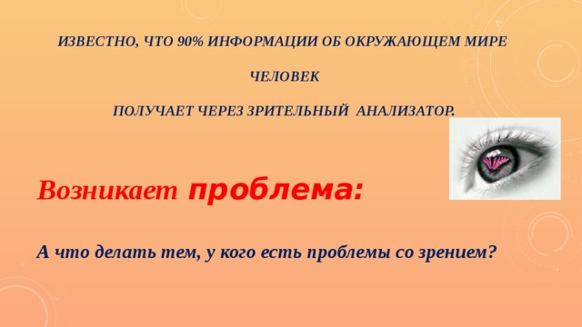 Известно, что 90% информации об окружающем мире   человек   получает через зрительный анализатор.   Возникает проблема:  А что делать тем, у кого есть проблемы со зрением? 