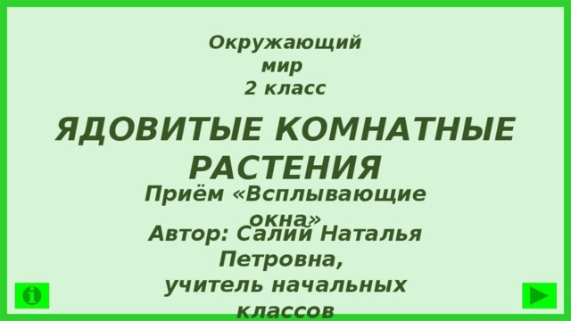 Окружающий мир 2 класс ЯДОВИТЫЕ КОМНАТНЫЕ РАСТЕНИЯ Приём «Всплывающие окна» Автор: Салий Наталья Петровна, учитель начальных классов лицея «Спектр» г.Тореза 