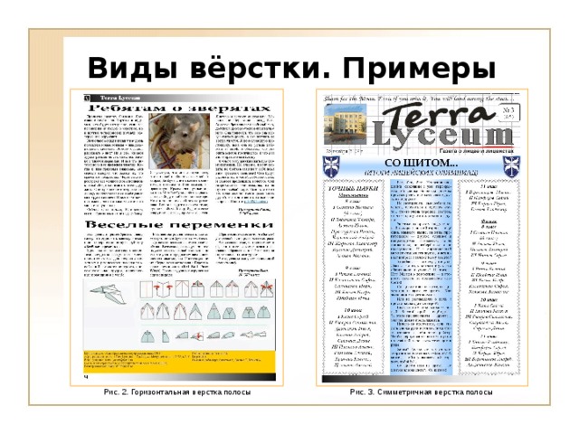Виды вёрстки. Примеры  Рис. 3 . Симметричная верстка  полосы Рис. 2 . Горизонтальная верстка полосы