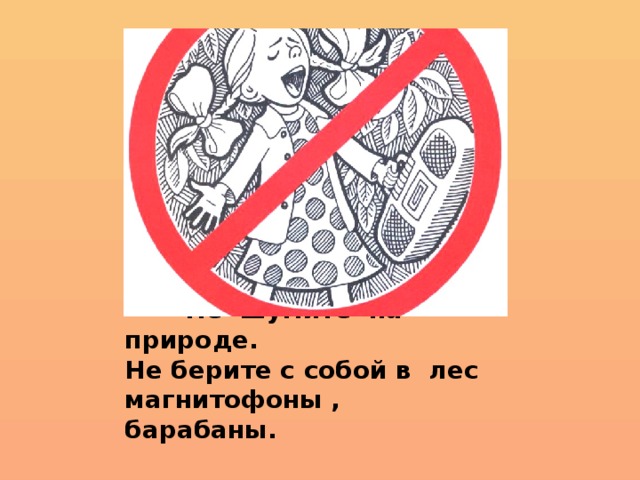  Не шумите на природе.  Не берите с собой в лес магнитофоны , барабаны. 