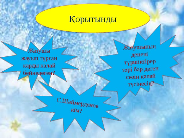 Жазушының денені түршіктірер зәрі бар деген сөзін қалай түсінесің? С.Шаймерденов кім? Қорытынды   Жазушы жауып тұрған қарды қалай бейнелеген? 