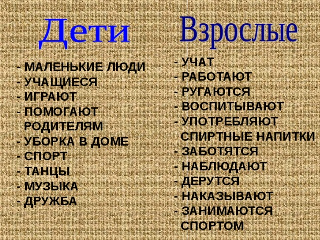 - УЧАТ - РАБОТАЮТ - РУГАЮТСЯ - ВОСПИТЫВАЮТ - УПОТРЕБЛЯЮТ  СПИРТНЫЕ НАПИТКИ - ЗАБОТЯТСЯ - НАБЛЮДАЮТ - ДЕРУТСЯ - НАКАЗЫВАЮТ - ЗАНИМАЮТСЯ  СПОРТОМ   - МАЛЕНЬКИЕ ЛЮДИ - УЧАЩИЕСЯ - ИГРАЮТ - ПОМОГАЮТ  РОДИТЕЛЯМ - УБОРКА В ДОМЕ - СПОРТ - ТАНЦЫ - МУЗЫКА - ДРУЖБА 