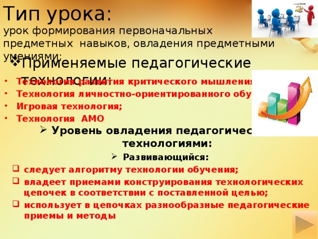 Тип урока: урок формирования первоначальных предметных навыков, овладения предметными умениями; Применяемые педагогические технологии: Технология развития критического мышления; Технология личностно-ориентированного обучения; Игровая технология; Технология АМО Уровень овладения педагогическими технологиями: Развивающийся: следует алгоритму технологии обучения; владеет приемами конструирования технологических цепочек в соответствии с поставленной целью; использует в цепочках разнообразные педагогические приемы и методы 