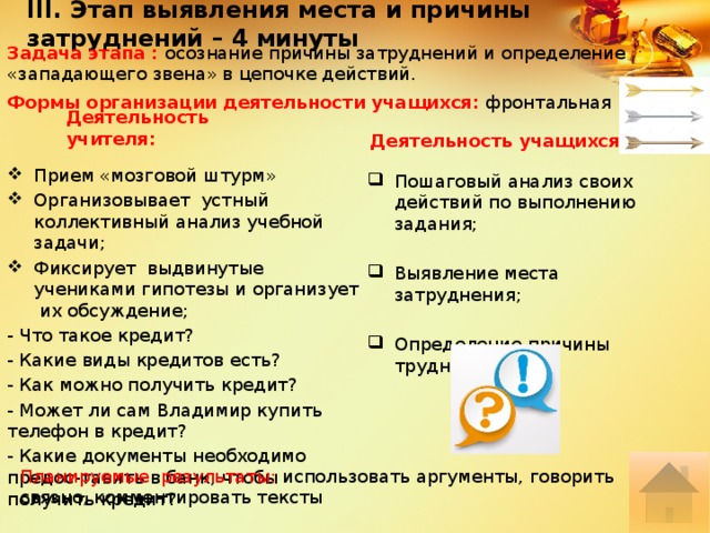 III. Этап выявления места и причины затруднений – 4 минуты Задача этапа : осознание причины затруднений и определение «западающего звена» в цепочке действий. Формы организации деятельности учащихся:  фронтальная Деятельность учащихся: Деятельность учителя: Прием «мозговой штурм» Организовывает устный коллективный анализ учебной задачи; Фиксирует выдвинутые учениками гипотезы и организует их обсуждение; - Что такое кредит? - Какие виды кредитов есть? - Как можно получить кредит? - Может ли сам Владимир купить телефон в кредит? - Какие документы необходимо предос-тавить в банк, чтобы получить кредит? Пошаговый анализ своих действий по выполнению задания; Выявление места затруднения; Определение причины трудностей. Планируемые результаты: использовать аргументы, говорить связно, комментировать тексты 