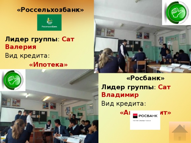 «Россельхозбанк» Лидер группы : Сат Валерия Вид кредита: «Ипотека» «Росбанк» Лидер группы : Сат Владимир Вид кредита: «Автокредит» 