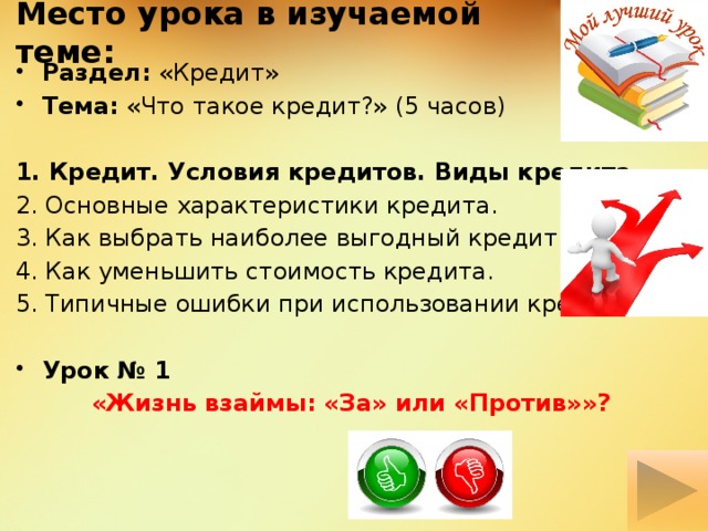 Место урока в изучаемой теме: Раздел: «Кредит» Тема: «Что такое кредит?» (5 часов) 1. Кредит. Условия кредитов. Виды кредита. 2. Основные характеристики кредита. 3. Как выбрать наиболее выгодный кредит. 4. Как уменьшить стоимость кредита. 5. Типичные ошибки при использовании кредита Урок № 1 «Жизнь взаймы: «За» или «Против»»? 