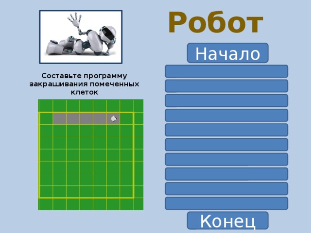  Робот Начало Составьте программу закрашивания помеченных клеток Конец 