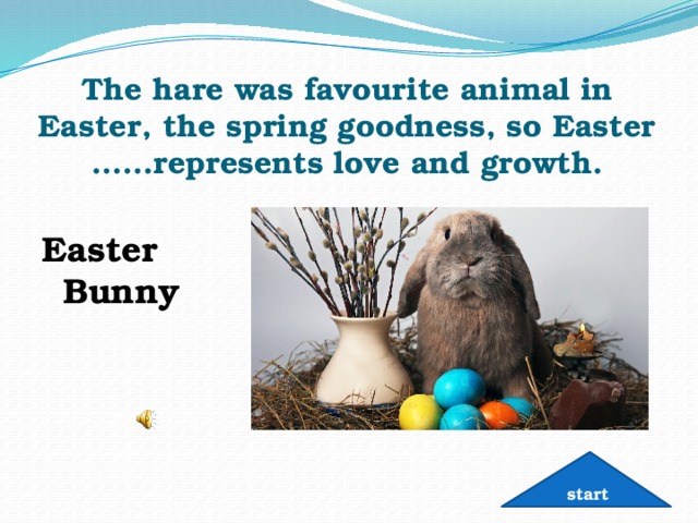 The hare was favourite animal in Easter, the spring goodness, so Easter ……represents love and growth. Easter Bunny start 