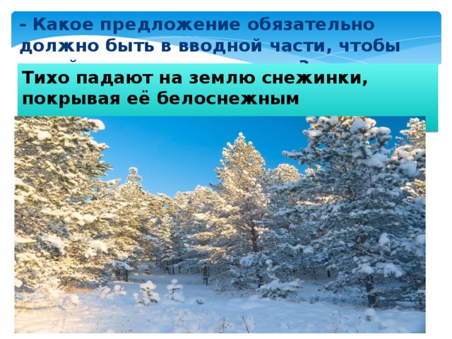 - Какое предложение обязательно должно быть в вводной части, чтобы перейти к раскрытию темы? Тихо падают на землю снежинки, покрывая её белоснежным покрывалом. 