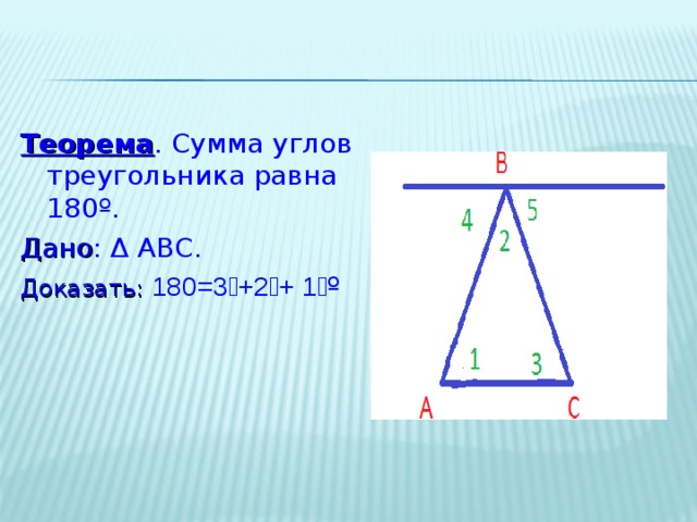 Теорема . Сумма углов треугольника равна 180 º . Дано : Δ АВС. Доказать:  ے 1 + ے 2 + ے 3 = 180 º 