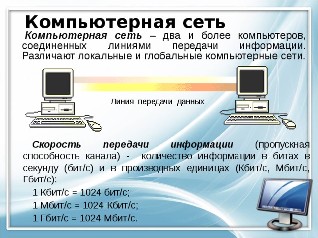 Компьютерная сеть Компьютерная сеть – два и более компьютеров, соединенных линиями передачи информации. Различают локальные и глобальные компьютерные сети. Линия передачи данных Скорость передачи информации (пропускная способность канала) - количество информации в битах в секунду (бит/с) и в производных единицах (Кбит/с, Мбит/с, Гбит/с): 1 Кбит/с = 1024 бит/с; 1 Мбит/с = 1024 Кбит/с; 1 Гбит/с = 1024 Мбит/с. 