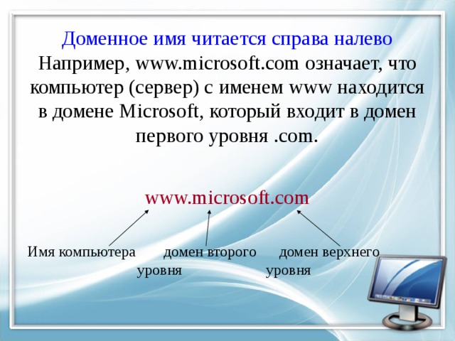 Доменное имя читается справа налево  Например, www.microsoft.com означает, что компьютер (сервер) с именем www находится в домене Microsoft, который входит в домен первого уровня .com.   www.microsoft.com Имя компьютера  домен второго домен верхнего    уровня  уровня   
