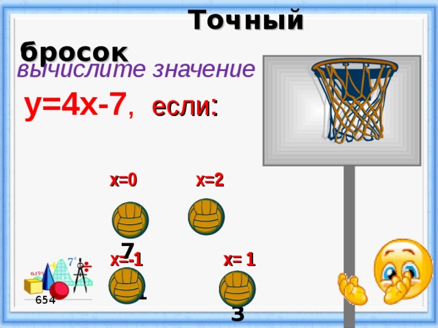  Точный бросок вычислите значение  у=4х-7 , если : х=0 х= 2   1 -7 х= 1 х=-1 -3 -11 654 