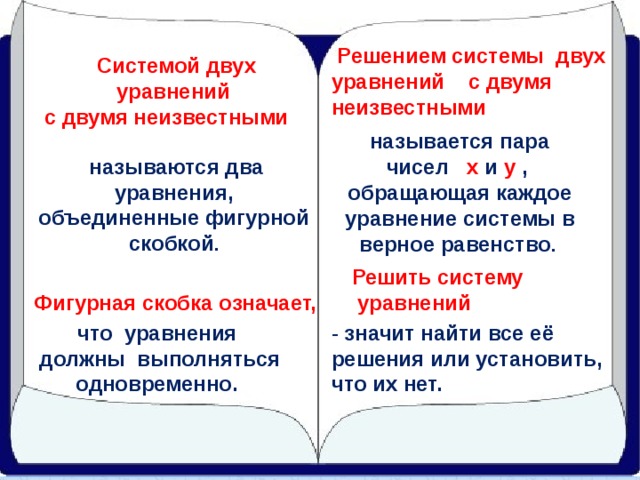  Решением системы двух уравнений с двумя неизвестными Системой двух уравнений с двумя неизвестными  называется пара чисел х и у , обращающая каждое уравнение системы в верное равенство .   называются два уравнения, объединенные фигурной скобкой . Решить систему  уравнений Фигурная скобка означает, что уравнения должны выполняться одновременно.  - значит найти все её решения или установить, что их нет. 