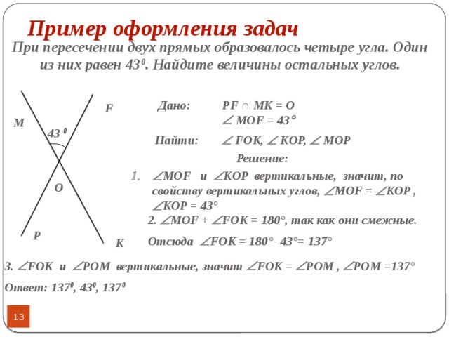 Пример оформления задач При пересечении двух прямых образовалось четыре угла. Один из них равен 43 0 . Найдите величины остальных углов. Дано: PF ∩ MK = O   MOF = 43  F M 43 0   FOK,  KOP,  MOP Найти:  Решение:  МОF и  KOP вертикальные, значит, по свойству вертикальных углов,  МОF =  KOP ,  KOP = 43°  O 2.  МОF +  FOK = 180°, так как они смежные. Отсюда  FOK = 180°- 43°= 137°  P K 3.  FOK и  POM вертикальные, значит  FOK =  POM ,  POM =137°  Ответ: 137 0 , 43 0 , 137 0   