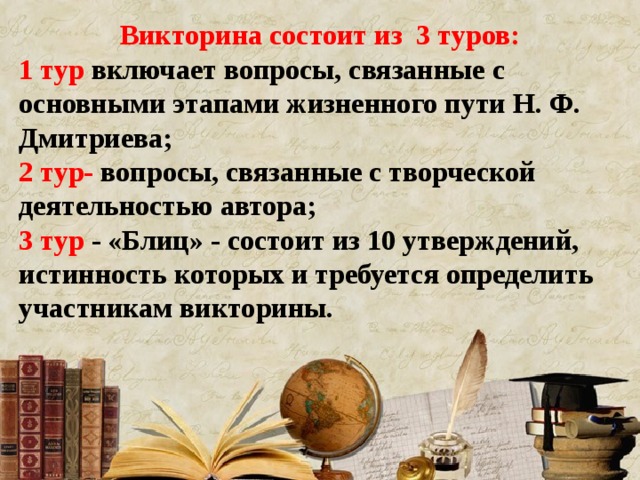 Список заданий викторины состоял из 40. Вопрос по турам. Из чего состоит тура.